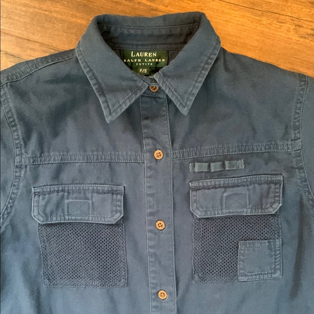 Lauren by Ralph Lauren Navy Blue Petite Roll Tab Button Up Classic Vintage Shirt - Picture 4 of 16